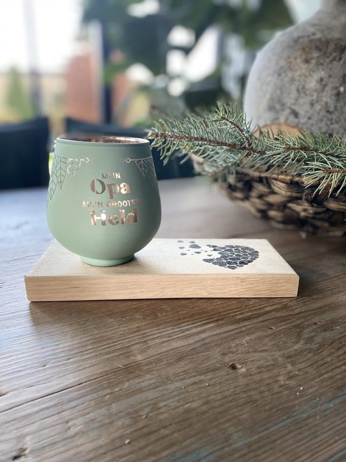 Creaties van Hier - opa - Kaarsen - Theelichthouder- met Plankje - Glas - 9,4x8,9 cm