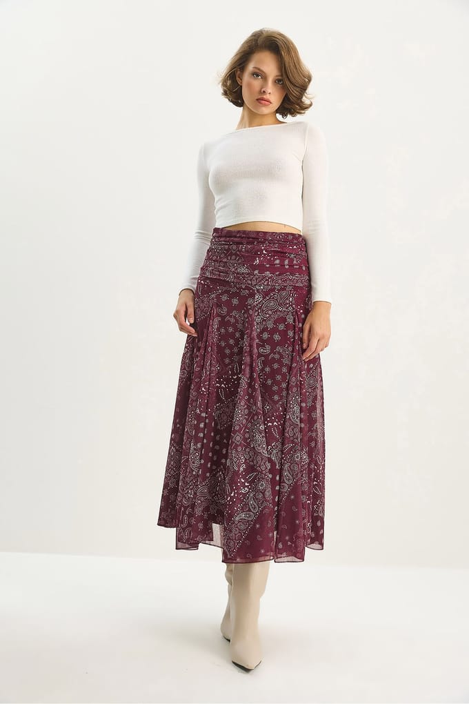 Hoge Taille Etnische Print Midi Rok