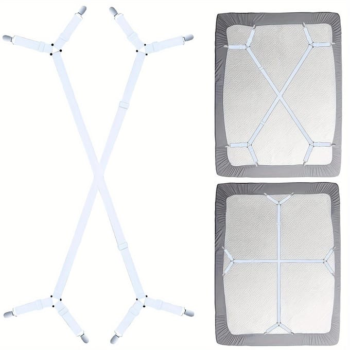 Sangle de support de drap réglable en 2 pièces - Support croisé pour toutes les tailles de matelas, attaches triangulaires élastiques, nylon noir, support de drap blanc