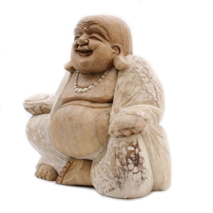 Boeddha Beeld Happy - Whitewash - Handgesneden - Suar Hout - 30x40x30cm