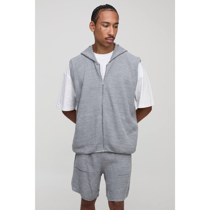 Oversized Fit Geribbelde Gebreide Hoodie met doorlopende rits en Shorts Set | Light Grey | Size Medium