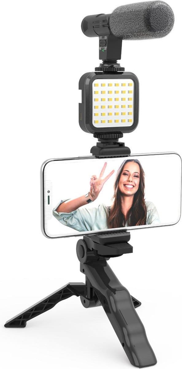 DigiPower Vlog Kit "Like Me" DP-VLG2K | Smartphone houder, Light 36 LED, Stereo Shotgun Microfoon, Tripod met Grip