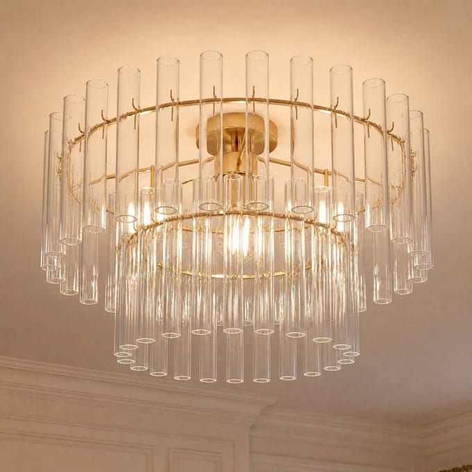 Lucande plafondlamp Leanna, helder/messing, Ø 54 cm, glas