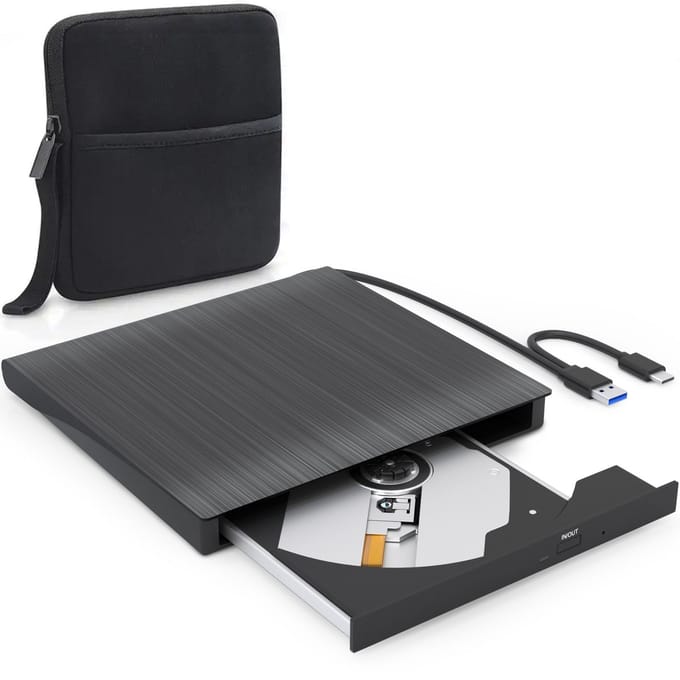 Strex Externe DVD Speler en Brander Met hoes - CD Brander - USB DVD Speler met USB C en USB A 3.0 - Externe CD speler