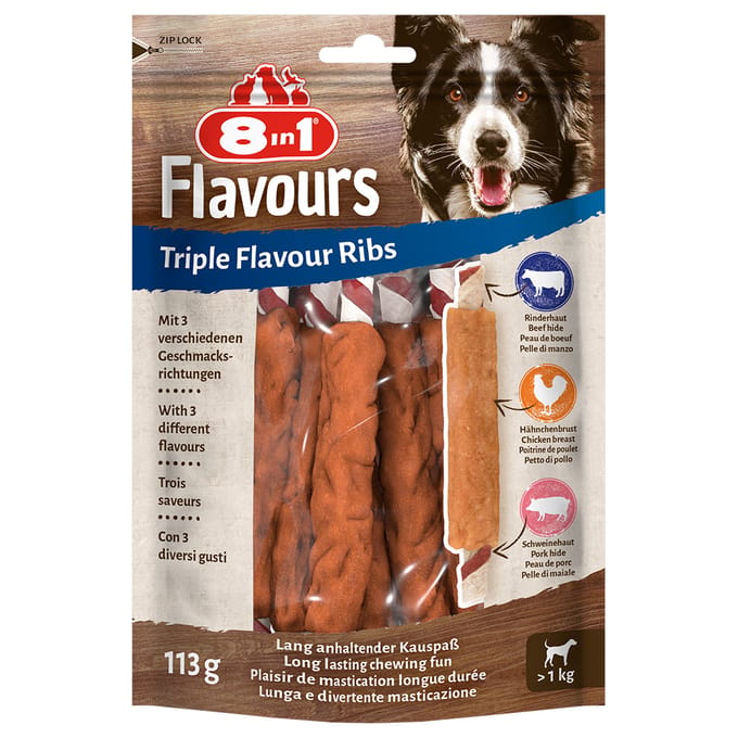 3x6 Stuks Triple Flavour Ribs Kauwsticks 8in1 Hondensnacks