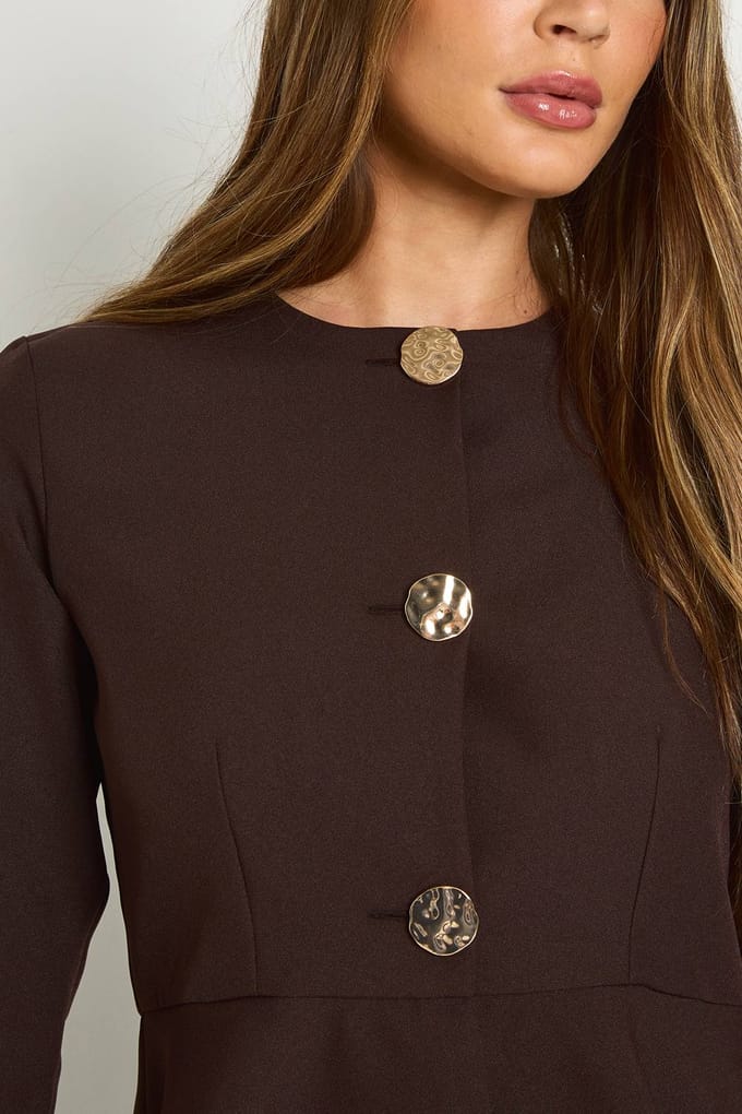 boohoo Dames Gouden knop Peplum blazer | Chocoladebruin | Maat: 38