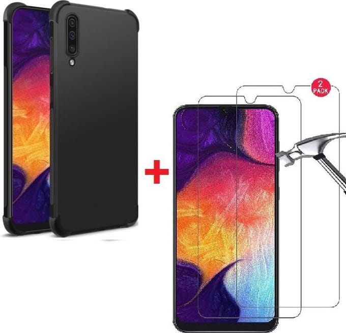 Anti-Shock silicone hoesje zwart met 2 Pack Tempered glas Screen Protector Geschikt voor: Samsung Galaxy A10