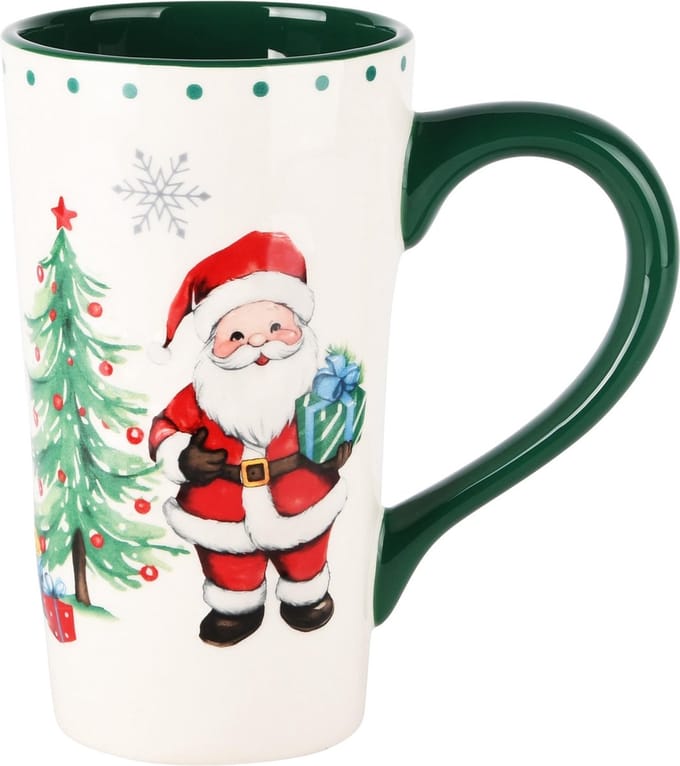 Dekoratief | Mok hoog m/santa, dolomiet, wit/groen, 16x9x16cm | A245036