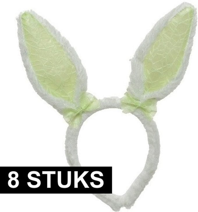 Decoris Konijnoren Diadeem wit groen - 8x - Verkleedaccessoire - Polyester - Unisex - 21,5x24 cm