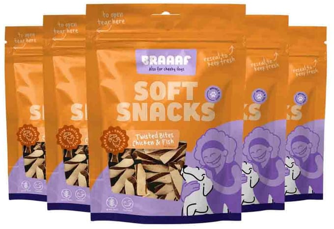 Braaaf Hondensnack Twisted Bites Kip - Vis - 5 x 85 gr - Voordeelverpakking