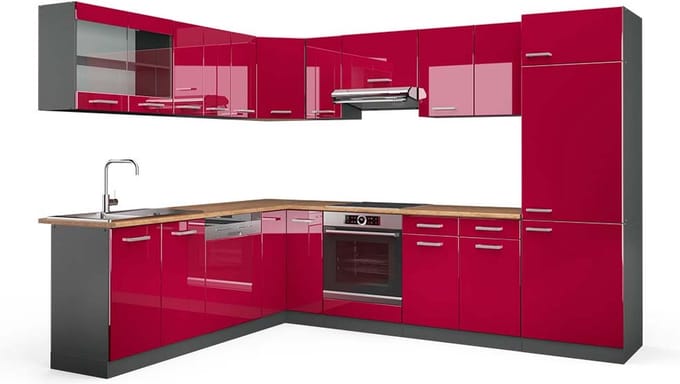 Vicco Hoekkeuken R-Line, Rode hoogglans/Antraciet, 287 x 227 cm, WB Eik
