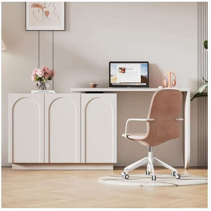 Bureau d'angle - MUVOE - 110 cm - Tables pivotantes 360° - 3 armoires réglables - Blanc wit