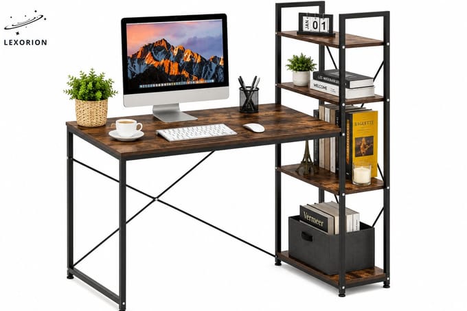 Lexorion UrbanRack – White Modern Computer Desk 120x60 cm – Home Office Desk with Storage Shelf