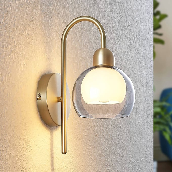 Lucande - wandlamp - 1licht - Ijzer, glas - H: 30 cm - E14 - messing, rookgrijs, wit