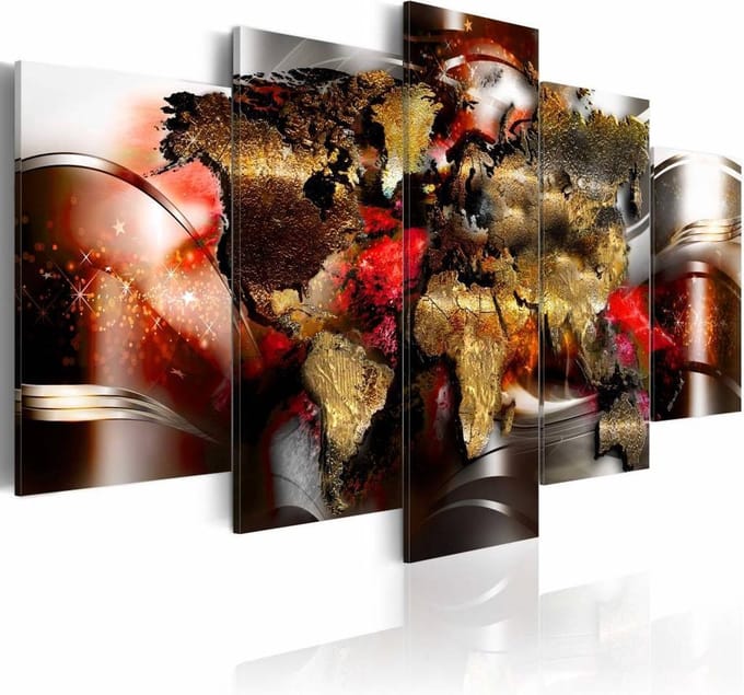 Schilderij - Robijn kleurig, wereldkaart , 5 luik , multi kleur