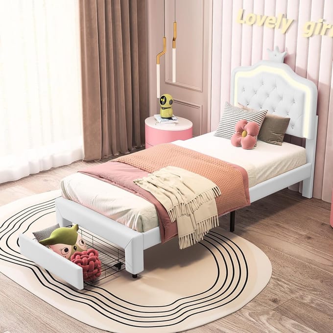 Eenpersoonsbed - Gestoffeerd bed - Slaapkamer inrichten - Verstelbaar hoofdeinde - 90 x 200 cm - Wit