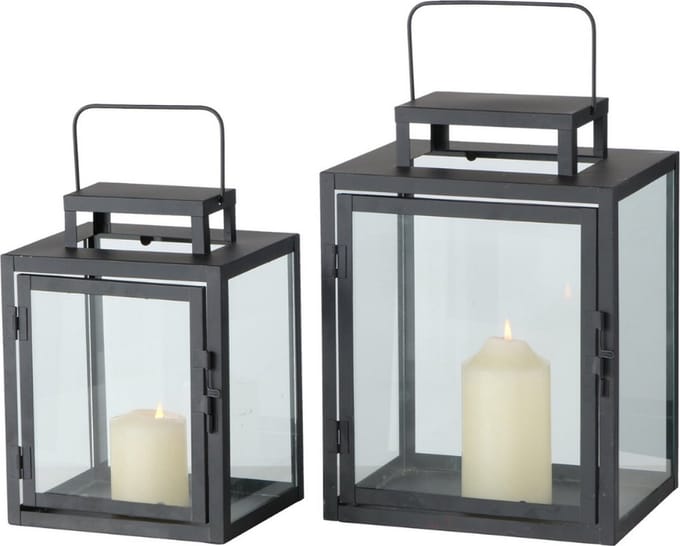 Lantaarns Zwart Glas Metaal set van 2