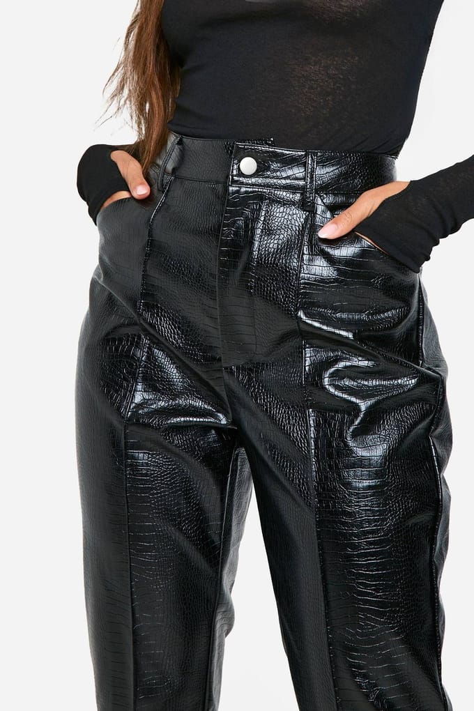 boohoo Dames Slim Fit Croc PU Broek | Black | Maat: 8