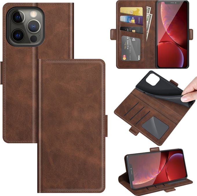 MobyDefend Hoesje - Geschikt voor iPhone 13 Pro Max - Luxe Wallet Book Case (Sluiting Zijkant) - Bruin