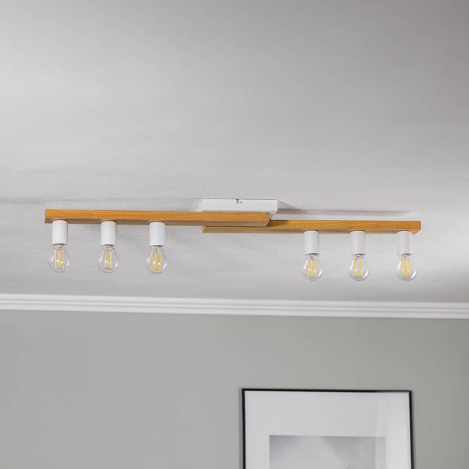 Envostar plafondlamp Laurent, hout/wit, 6-lamps