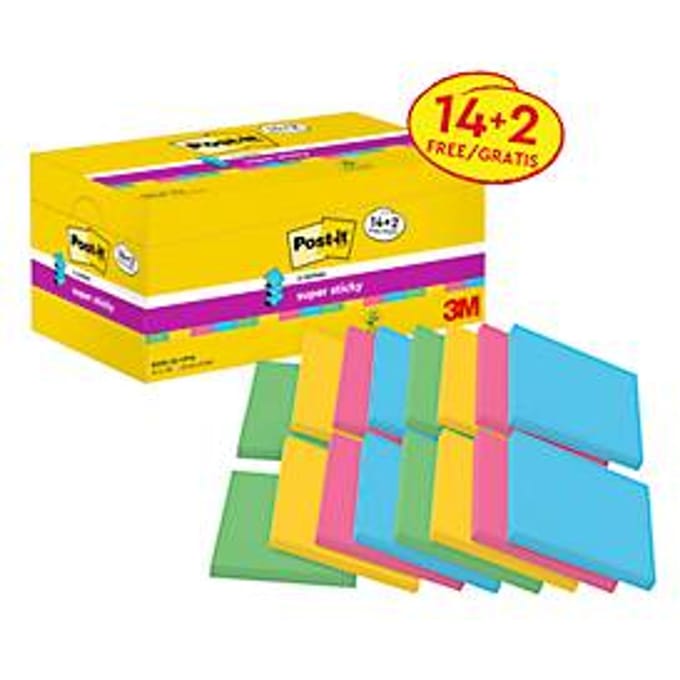 Post-it® sticky notes Super Sticky Z-Notes R330S16, B 76 x D 76 mm, PEFC® papier, gekleurd, 14 + 2 pads gratis, 90 vellen/pad