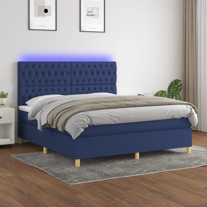 vidaXL - Boxspring - met - matras - en - LED - stof - blauw - 160x200 - cm