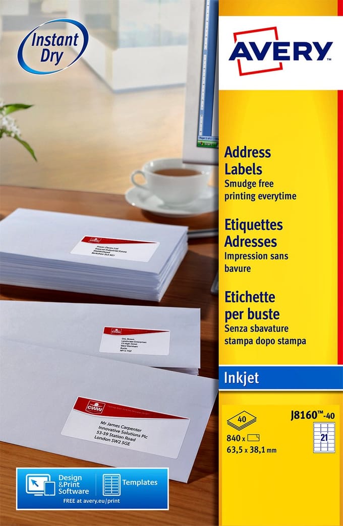 Etiket avery j8160-40 63.5x38.1mm wit 840st | 5 stuks