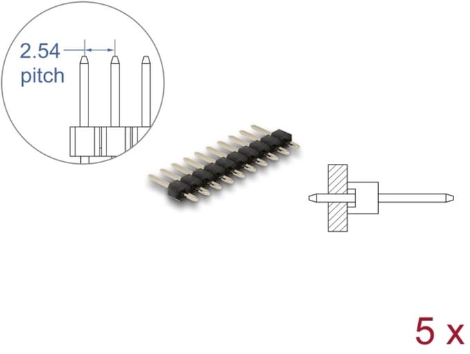 Delock Pin header 10 pin, pitch 2.54 mm, 1-row, straight, 5 pieces