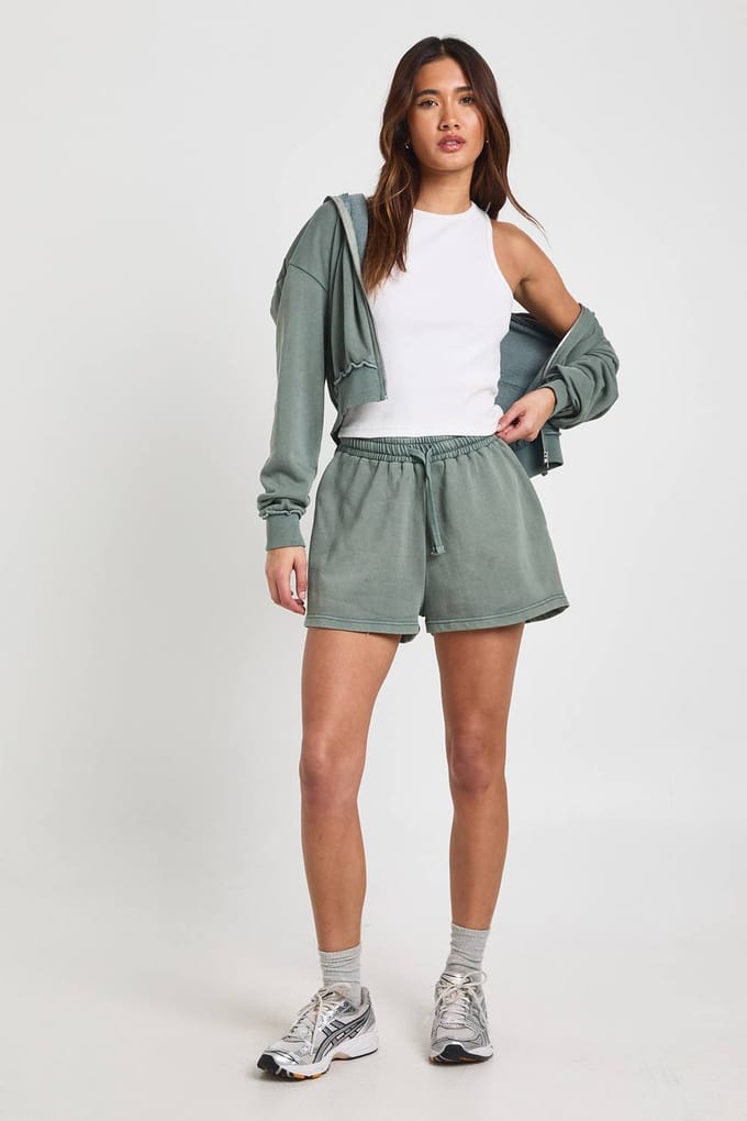 boohoo Dames Gewassen Loopback Sweat Short | Green | Maat: Small
