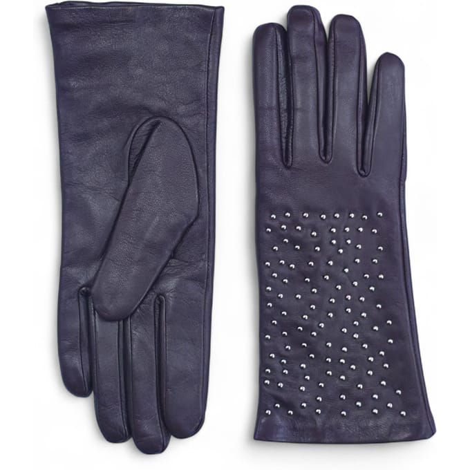 Dames winterhandschoenen met paars Italiaans leer en zachte wollen voering en studs