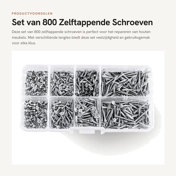 Dailygoods- Zelftappende Schroeven 800 Stuks - Assortiment Kit - Platte Kop - Vernikkeld Koolstofstaal - Houten Meubels - Hersluitbare Doos