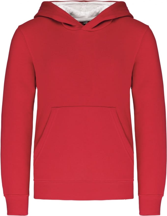 K453 - Kinder hooded sweater met gecontrasteerde capuchon, Rood/Wit, maat 12/14 jaar