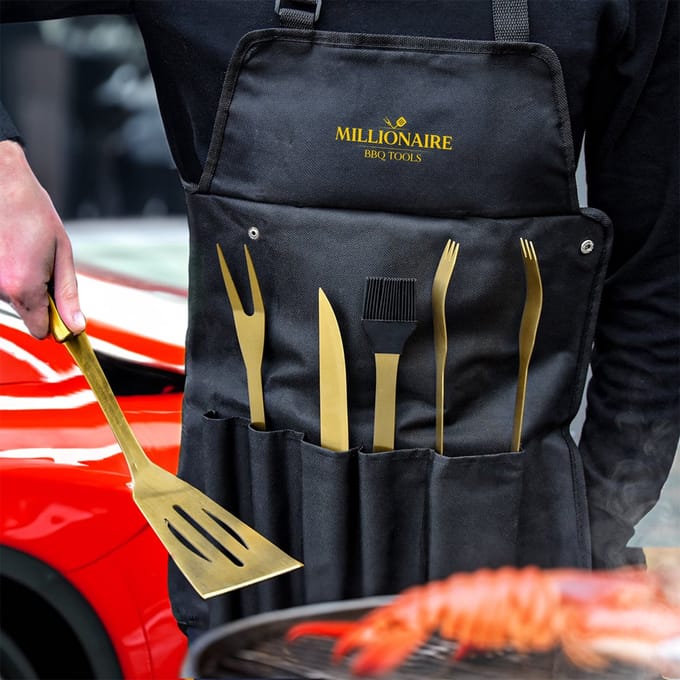MikaMax Millionaire BBQ Tools - 5-delige Gouden BBQ Set met Case / Schort