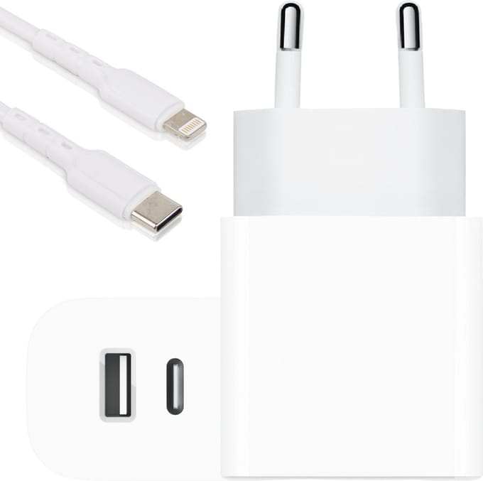 Dubbele usb Lader geschikt voor iPhone, iPad, AirPods - Lightning naar usb-C kabel - 1 Meter - 2 Poorten - Wit