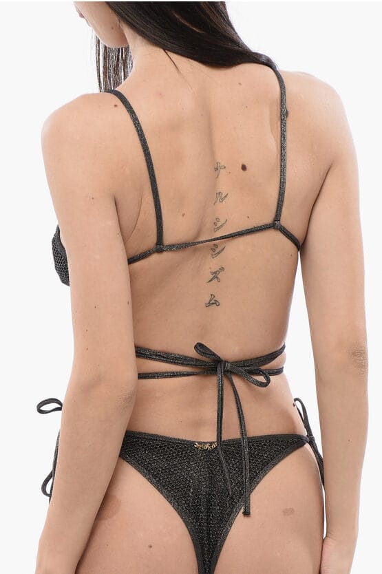 Lurex bikini triangel met gekruiste vetersluiting in groen