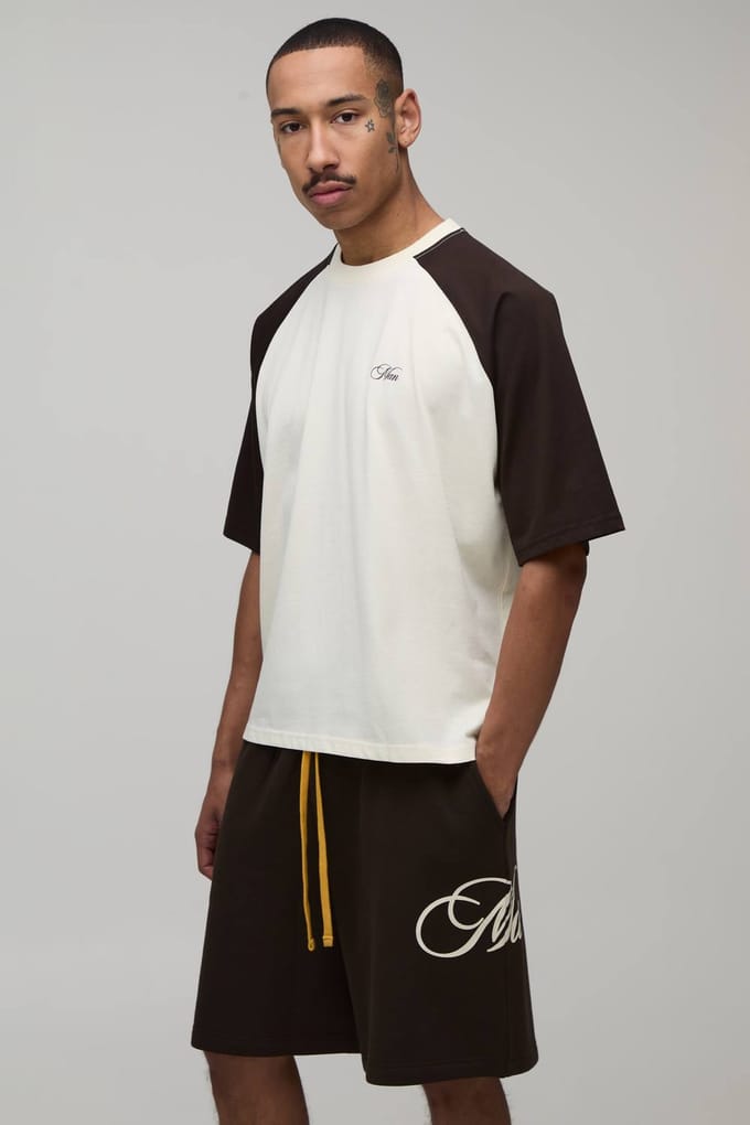 Oversized Boxy Raglan T-shirt & Baggy Short Set | Chocolate | Size Medium