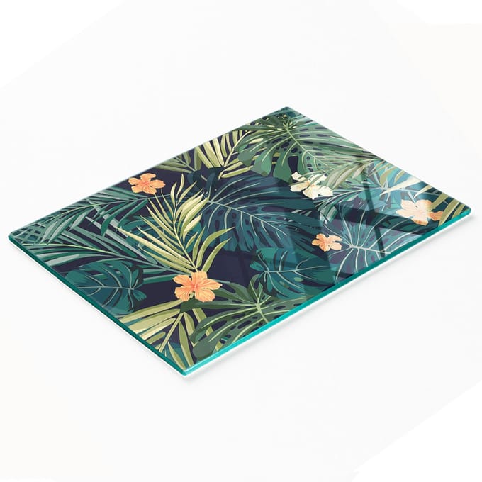 Glazen keukensnijplank met tropische bladerenprint, 80x52 cm