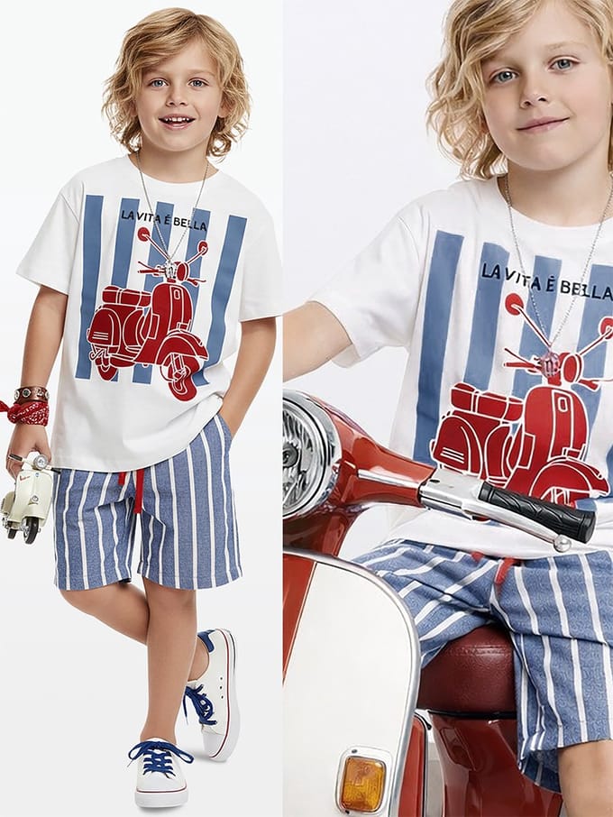 Denokids CFF-26Y1-079 Witte Jongens T-shirt en Gestreepte Short met Motor Print 122