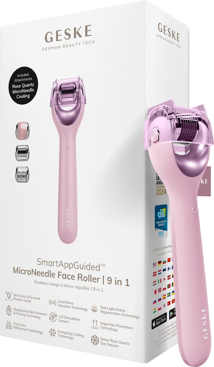 GESKE | SmartAppGuided™ MicroNeedle Face Roller | 9 in 1 | met rozenkwarts | Microneedling | Professioneel Microneedling-apparaat | Naaldroller | Schoonheidsrollergezicht | Micronaaldroller