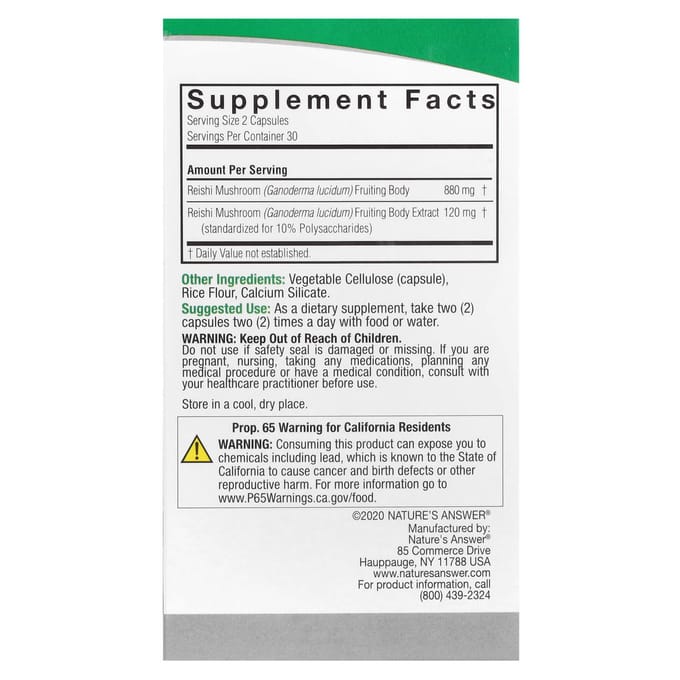 Nature'S Answer, Reishi Paddenstoel, 1.000Mg, 60 Plantaardige Capsules (500 mg per capsule)