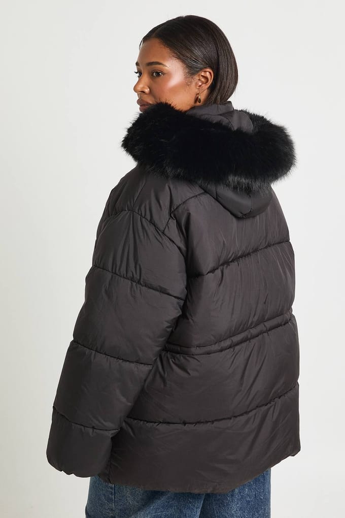 boohoo Dames Plus Parka met nepbontafwerking | Black | Maat: 16