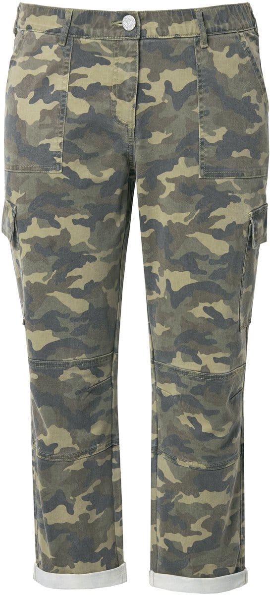 Ulla Popken - Dames - Boyfriend broek camouflage gerafelde zoom elastisch twill - Olijfgrijs - Maat 60