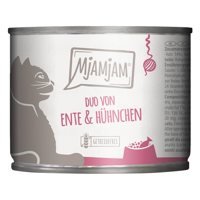 6x 200g MjAMjAM Duo malse eend & kip met wortels nat kattenvoer