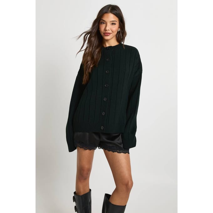 boohoo Dames Oversized cardigan met grove ribbreiwerking | Zwart | Maat: Medium