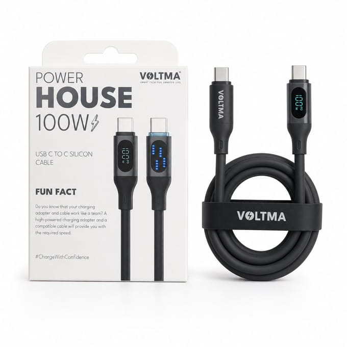 VOLTMA Power House USB-C naar USB-C Kabel 100W - 1.2 Meter - LED Display - Siliconen Oplaadkabel - Zwart