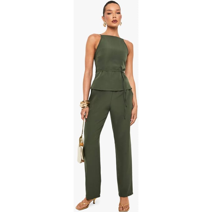 boohoo Dames Elastische tailleband geweven broeken | Khaki | Maat: 8