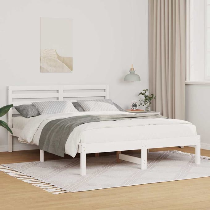 vidaXL - Bedframe - met - hoofdeinde - Wit - 135 - x - 190 - cm - Massief - grenenhout
