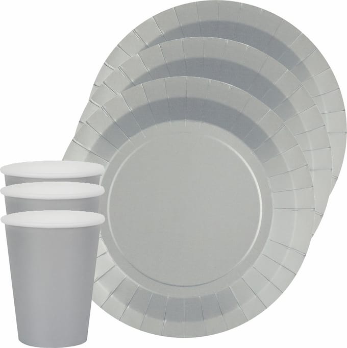 Santex feest/verjaardag servies set - 10x bordjes en bekertjes - zilver - karton
