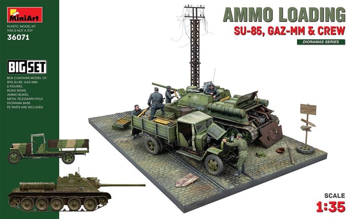MiniArt Modelbouwpakket Diorama - 36071 Diorama Ammo Loading - SU-85 - GAZ-MM - Crew Figuren Plastic - 1:35 - Modelbouw