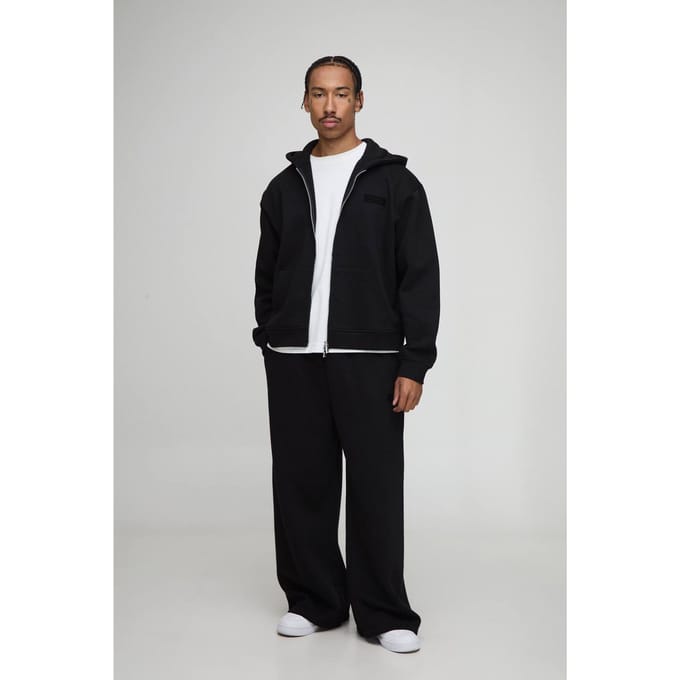 Oversized Boxy Men's Trainingspak met Capuchon, Ritssluiting en Wijde Pijpen | Black | Size Medium